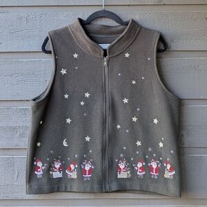 VTG Y2K Christopher & Banks Embroidered Celestial Santa Christmas Fleece Vest LG